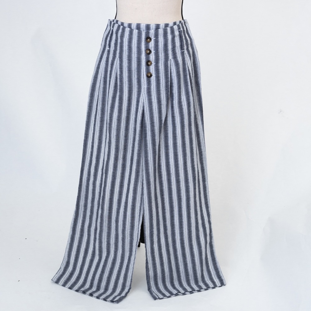 Linen blend wide leg pant vertical stripe button fly summer lightweight Harper S